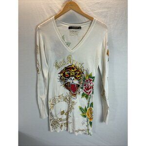 Vintage Womens Y2K Ed Hardy tattoo tiger skulls Ivory size M sweater tunic‎